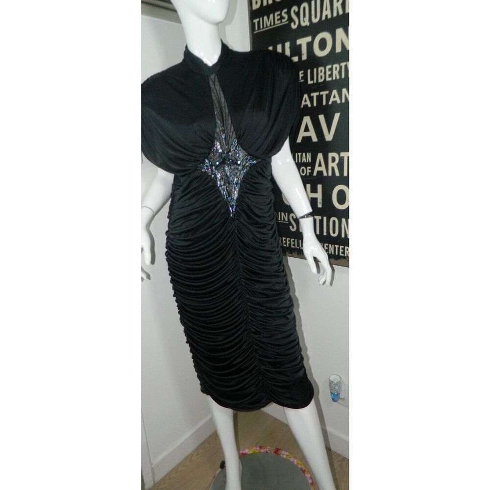 Abby Kent Dress Small Black Ruched  Beaded Sequin Cocktail‎ Cape Draped